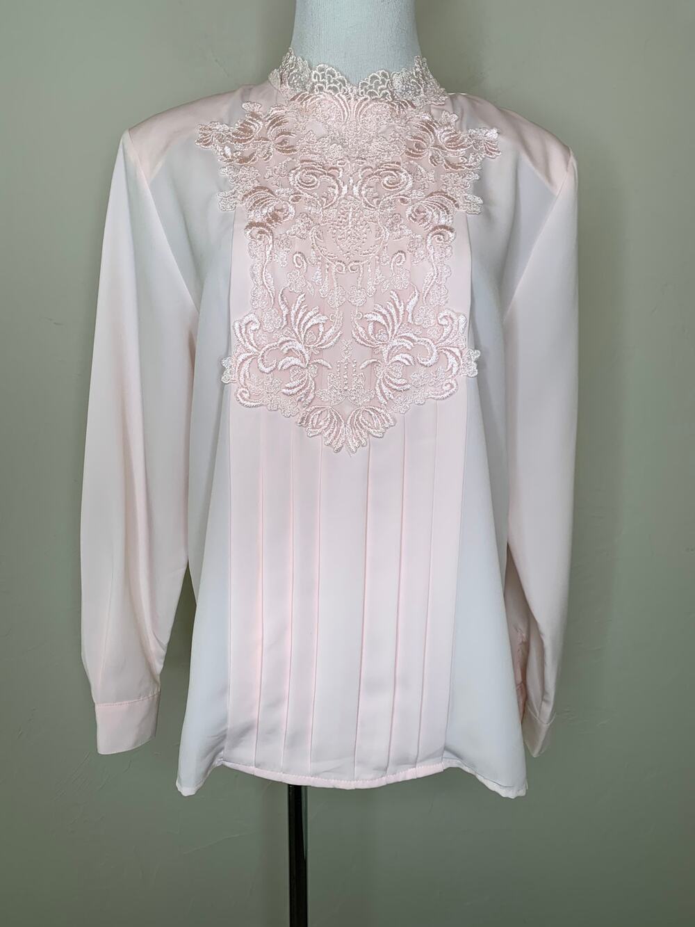 1990s Pale Pink Lace Femme Blouse Size 8 High Neck Retro Career